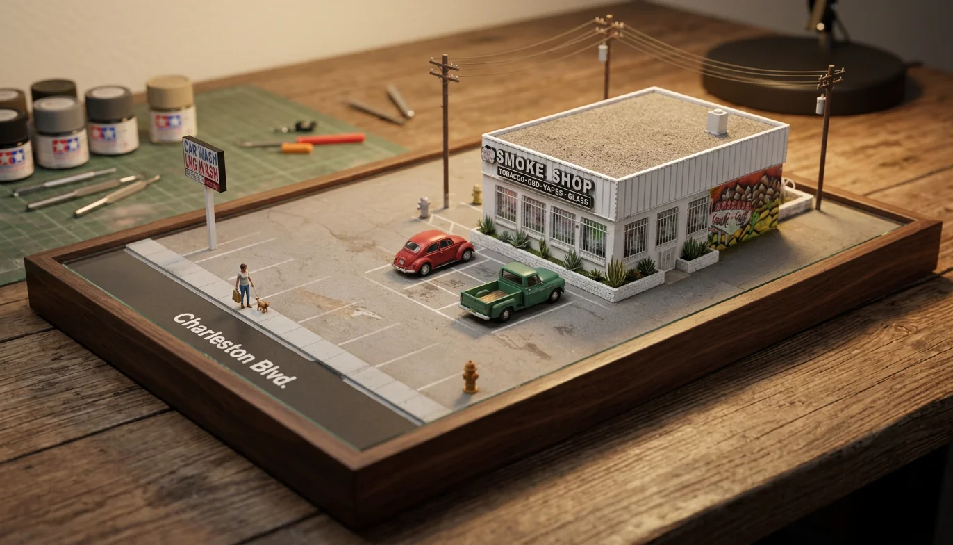 Tabletop scale-model diorama of Smoke N' Stuff on East Charleston Boulevard