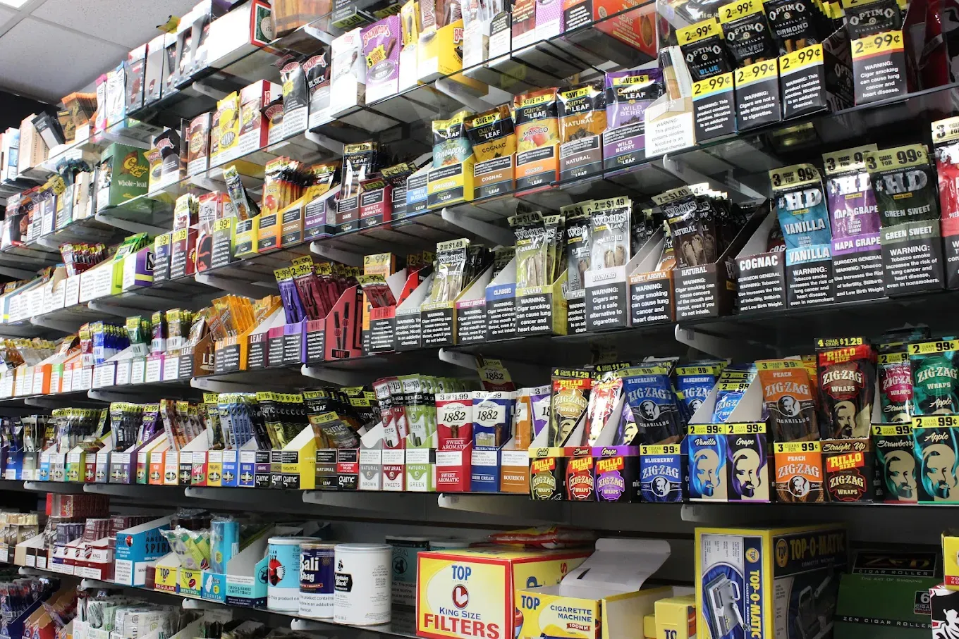 Extensive tobacco and wraps wall showing breadth of selection