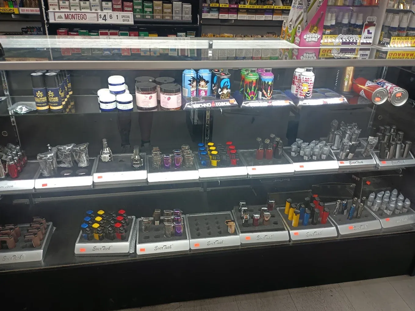Smoking accessories in a clean counter display case