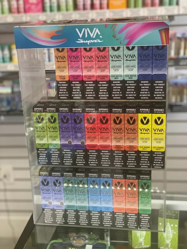Vape products displayed on wall shelving